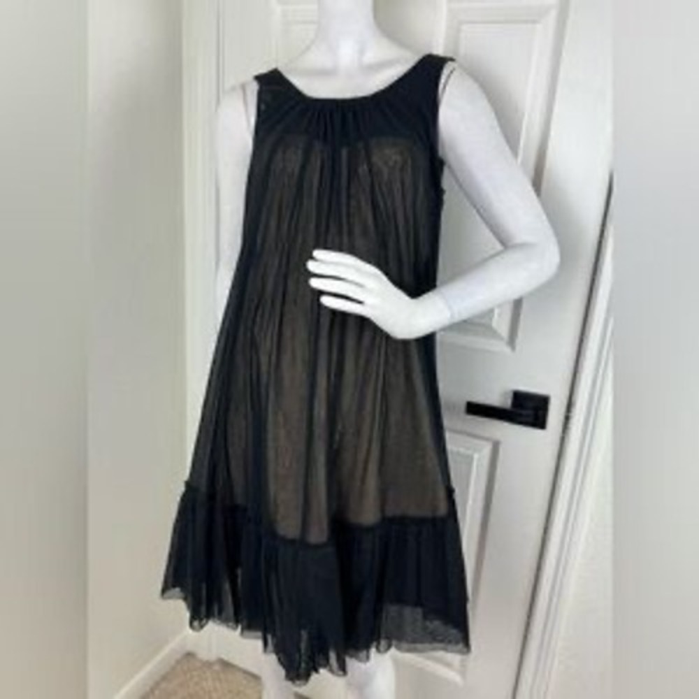 BCBGMAXAZRIA Black Mesh Layered Babydoll Dress Tan Lining Ruffle Hem Size 0